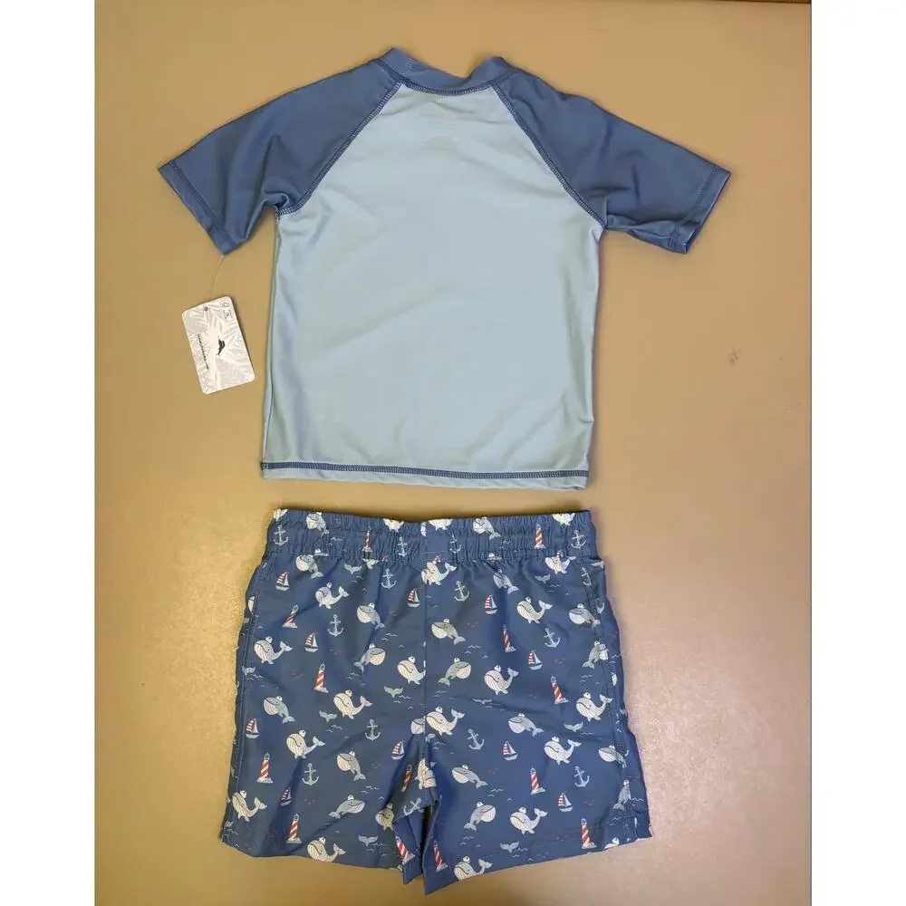 Boys Tommy Bahama 2 Piece Swim Set Rash Guard Trunks Whale Print 5T NWT